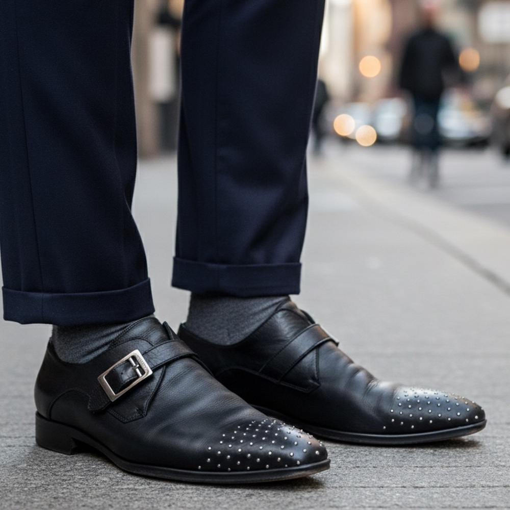 Versace Collection Studded Toe Black Leather Monk Dress Shoes Size 41